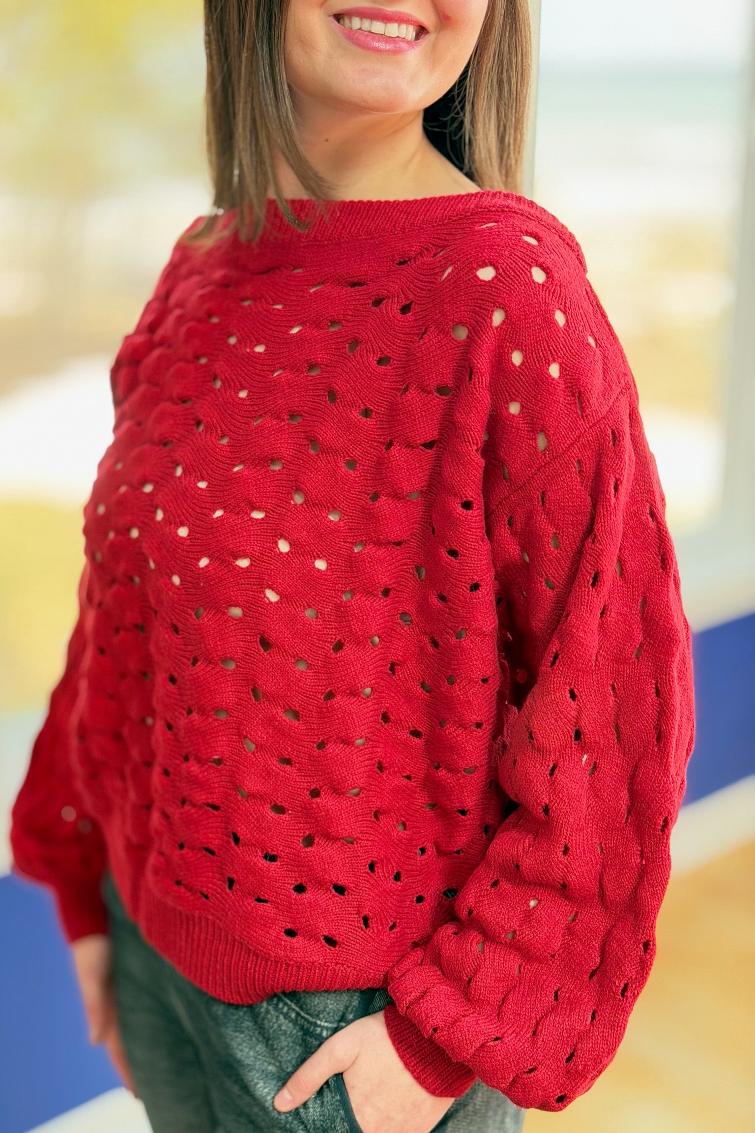 Wide Neck Open Knit Sweater - Red