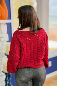 Wide Neck Open Knit Sweater - Red