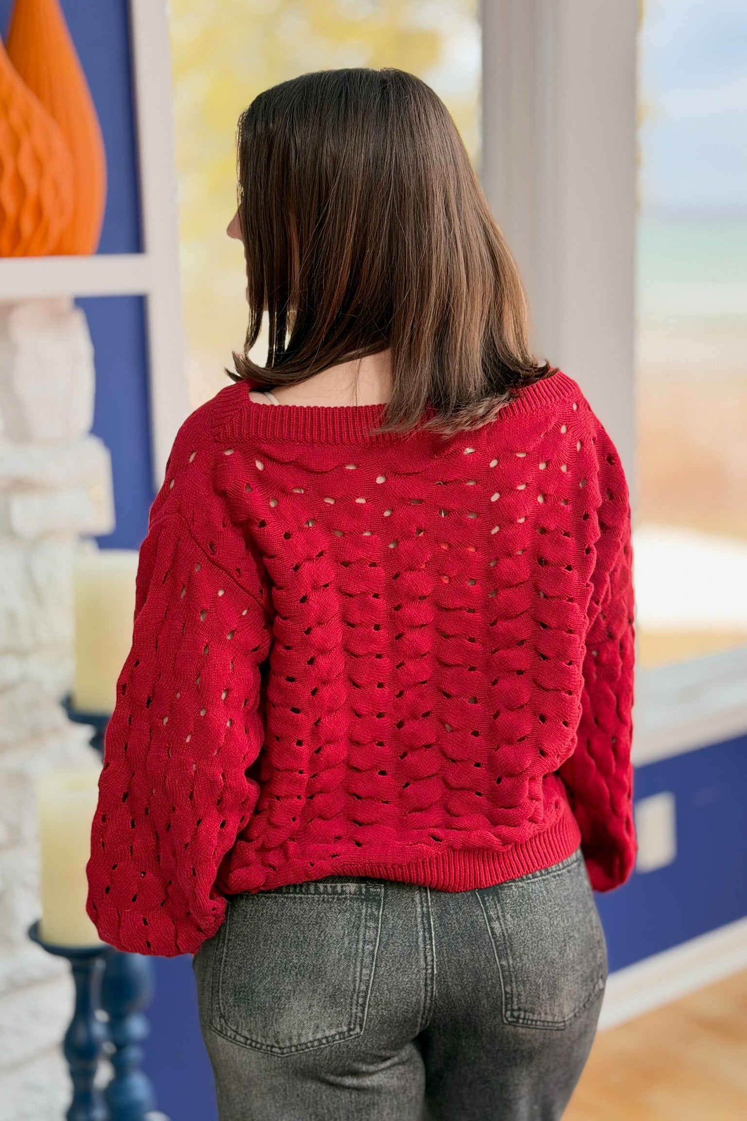 Wide Neck Open Knit Sweater - Red