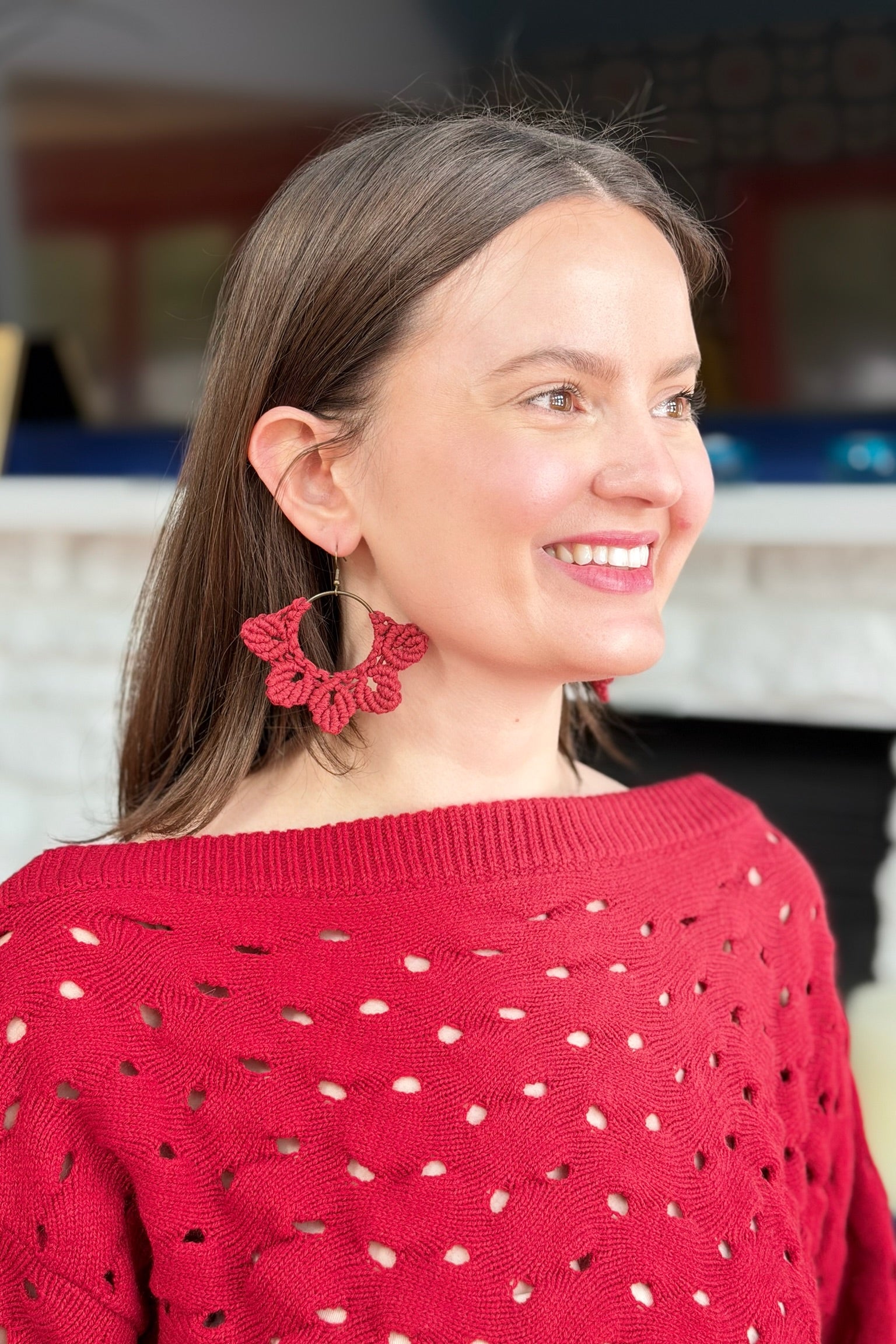 Woven Macrame Boho Leaf Earring Red