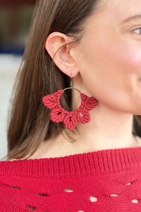 Woven Macrame Boho Leaf Earring Red