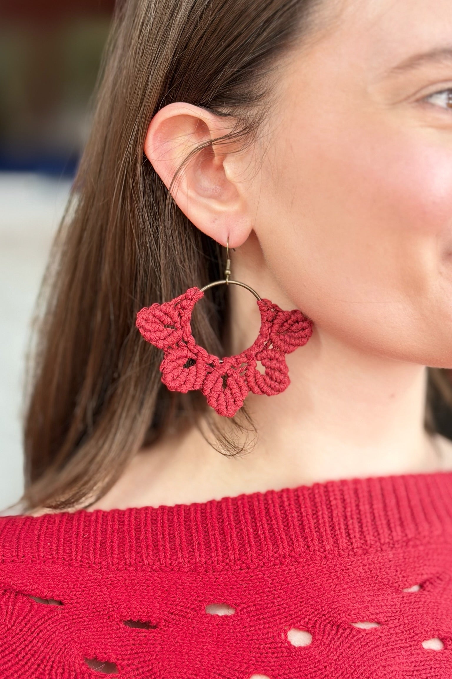 Woven Macrame Boho Leaf Earring Red