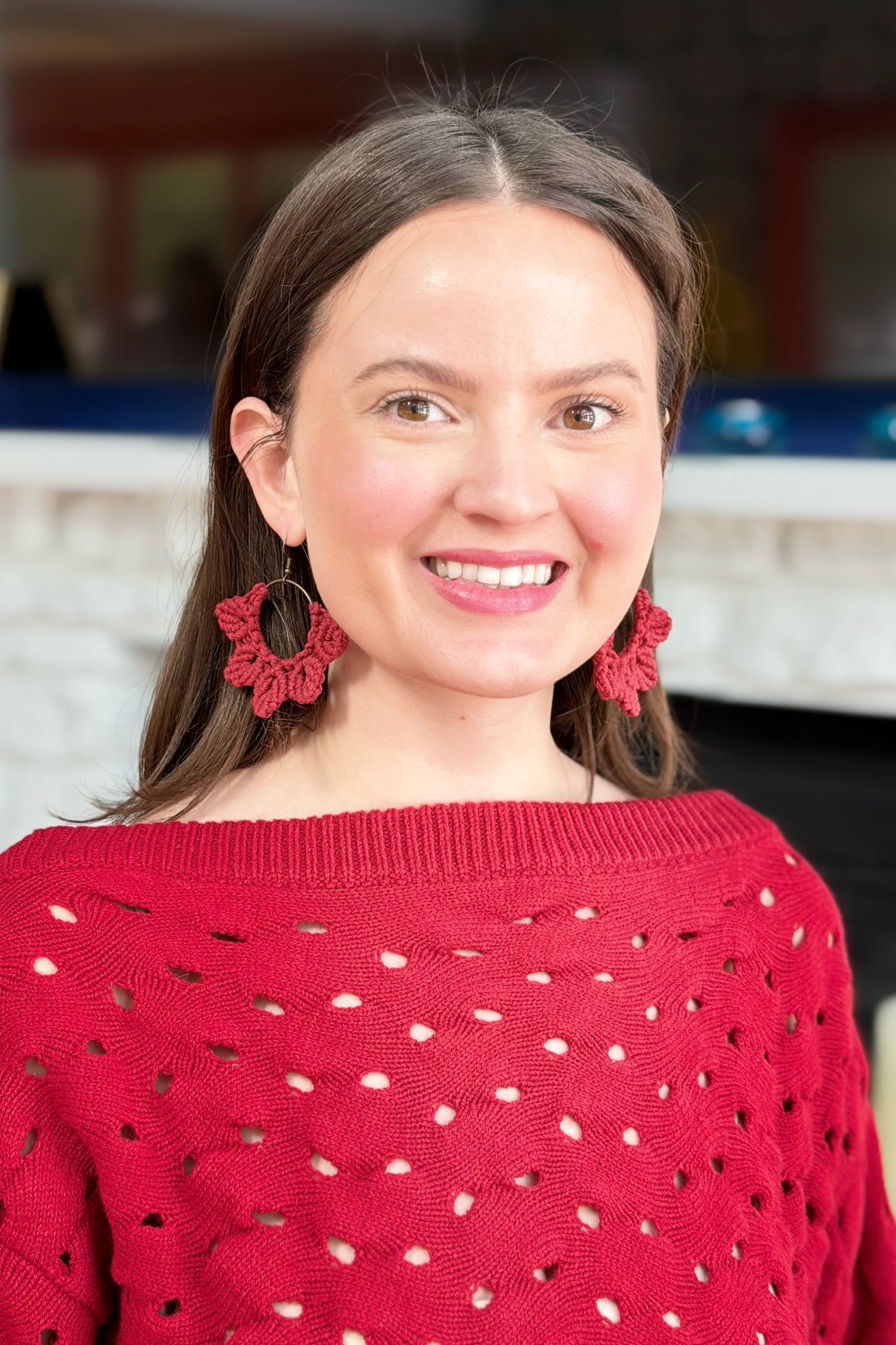 Woven Macrame Boho Leaf Earring Red