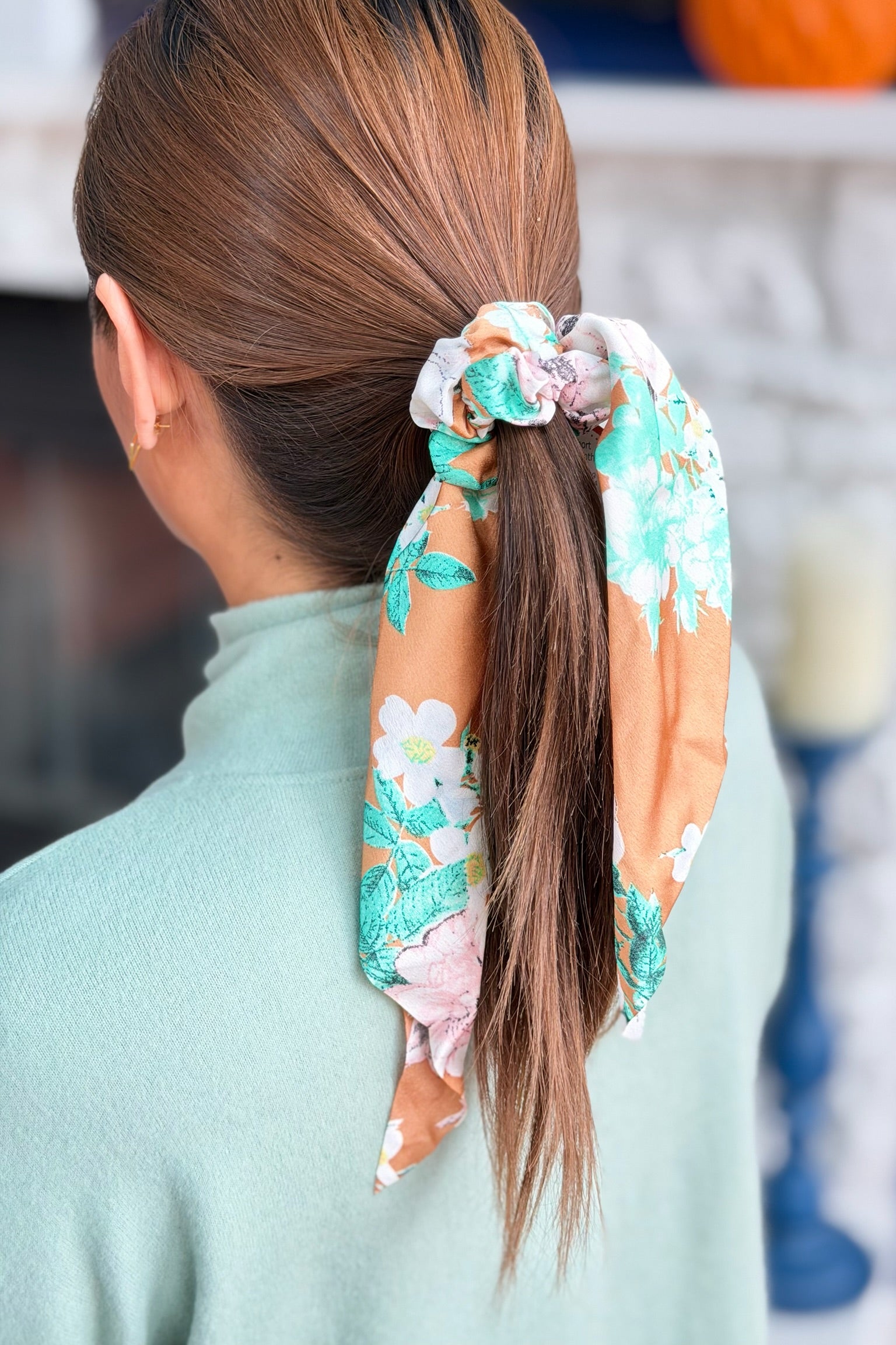Ponytail Scrunchie With Ribbon - Orange