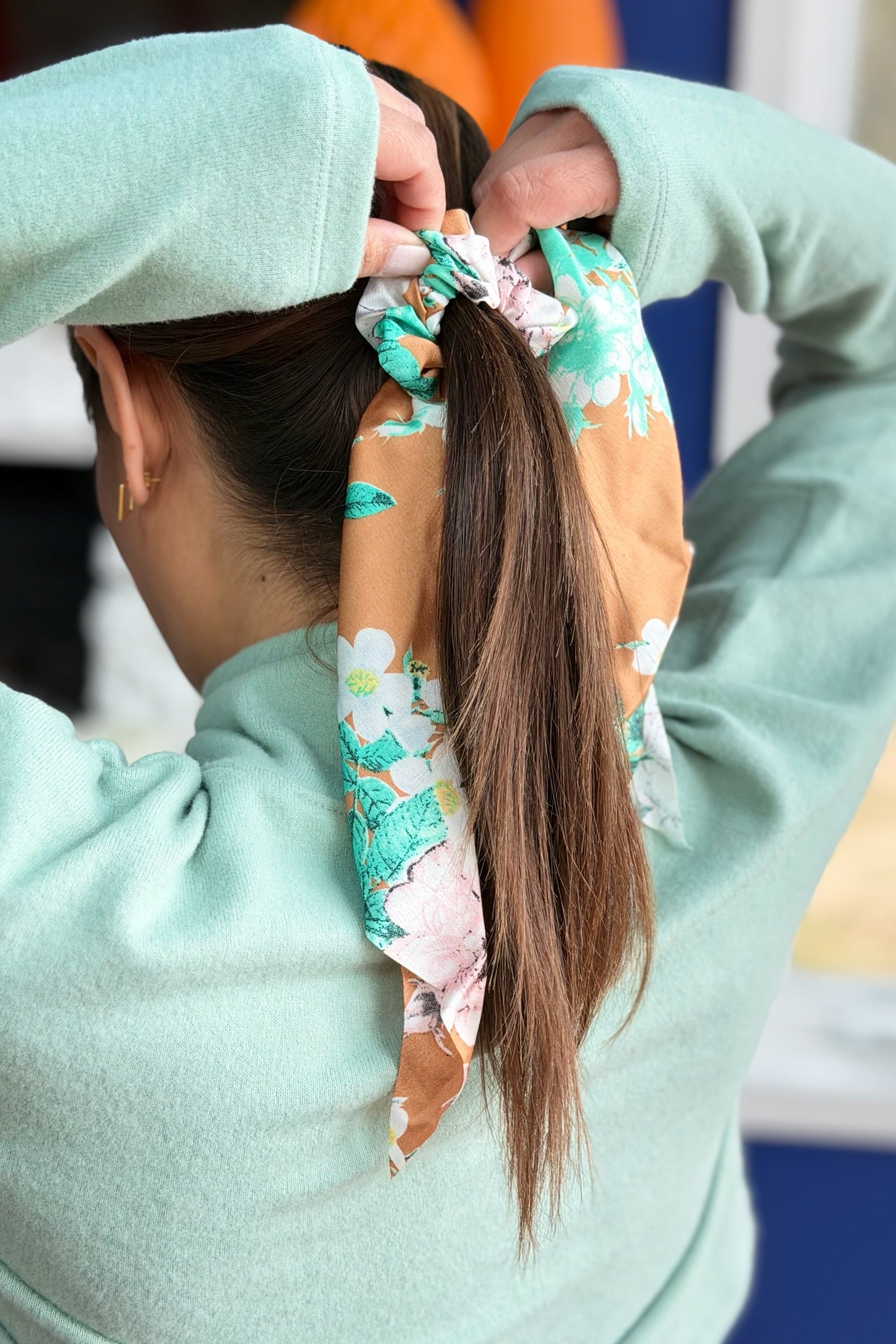 Ponytail Scrunchie With Ribbon - Orange