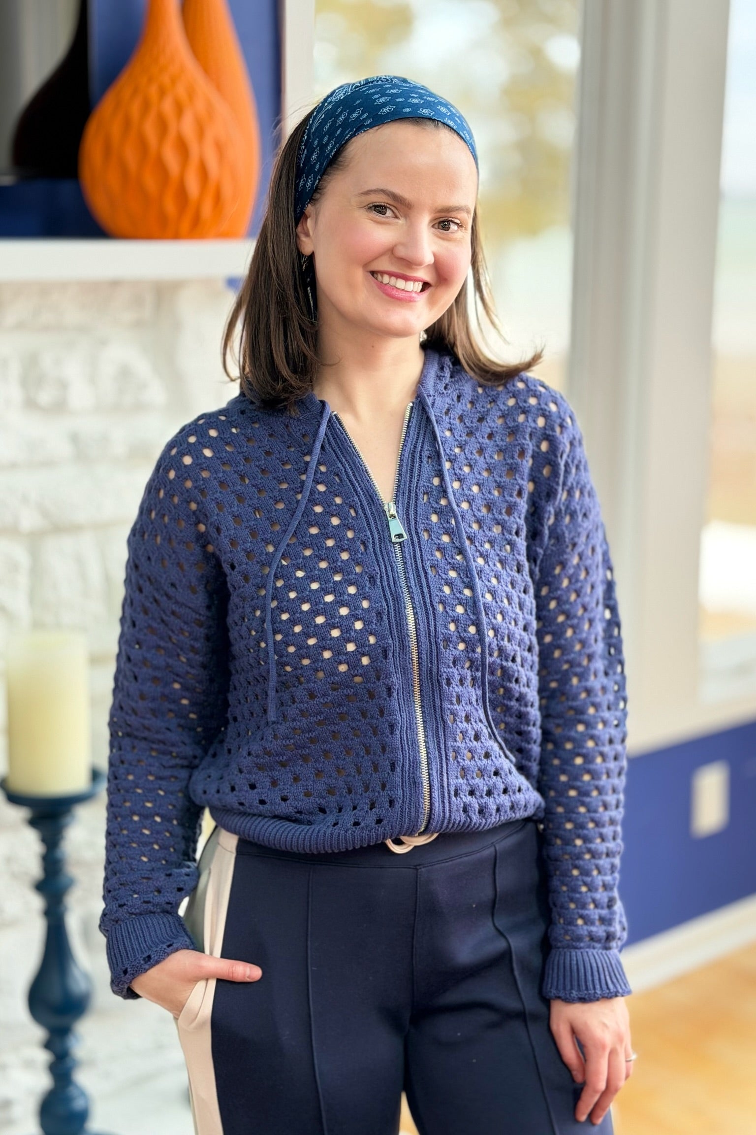 Zip Open Knit Cardigan - Navy