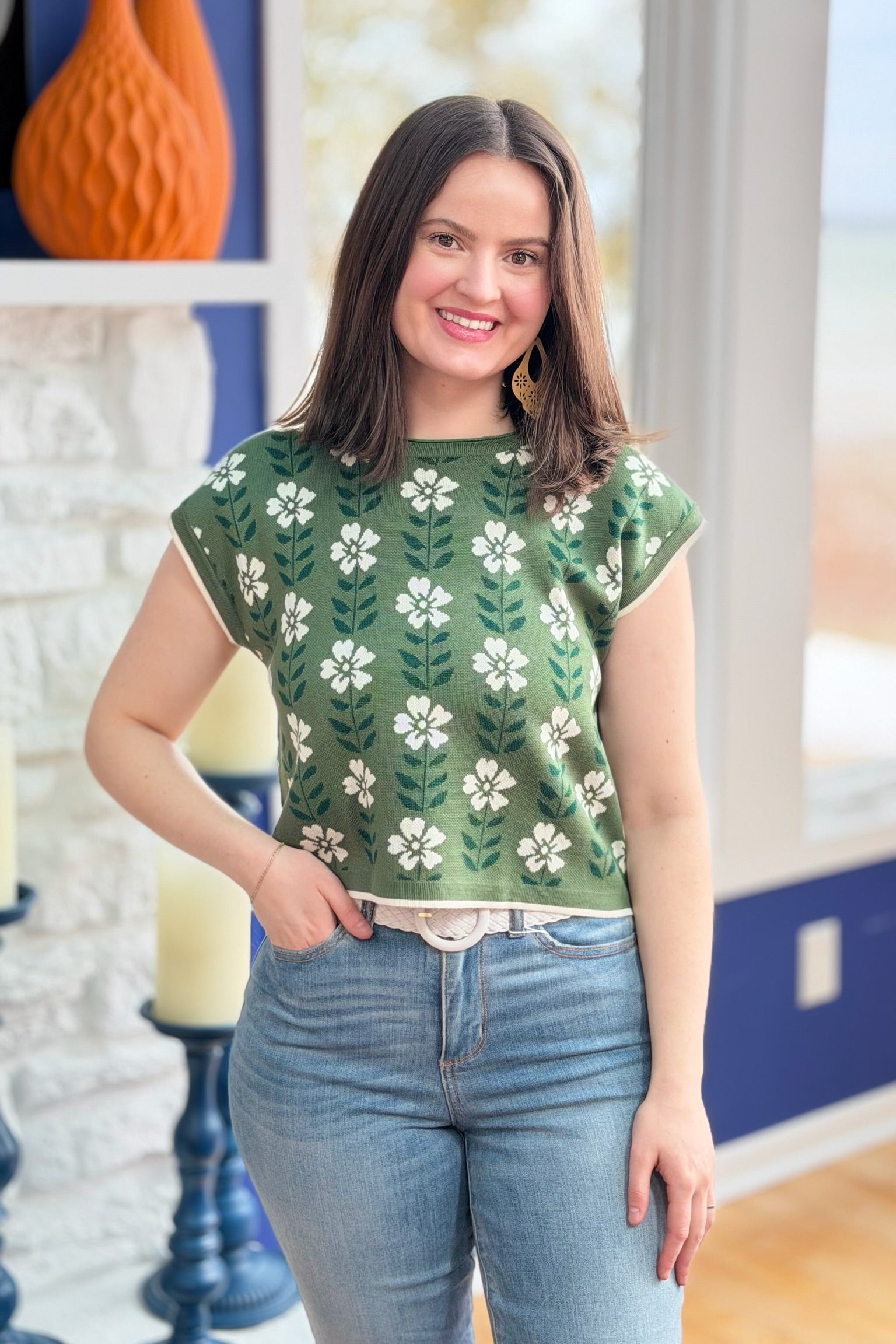 Retro Floral Knit Top - Green
