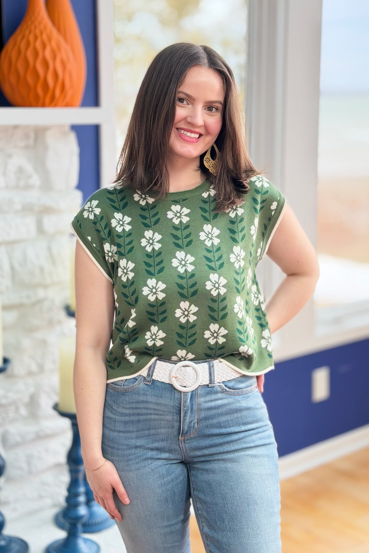 Retro Floral Knit Top - Green