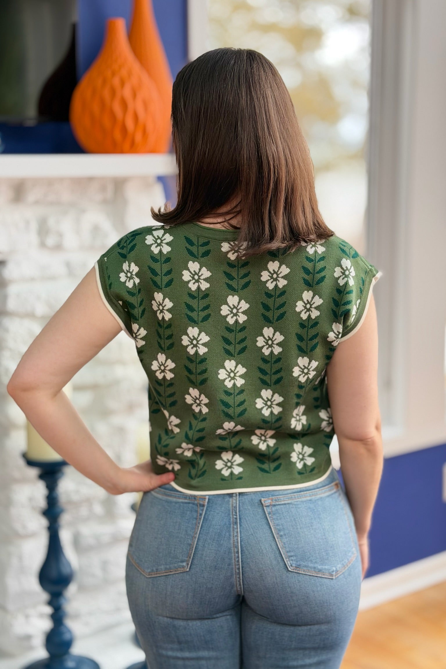Retro Floral Knit Top - Green