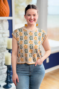 Retro Floral Knit Top - Apricot