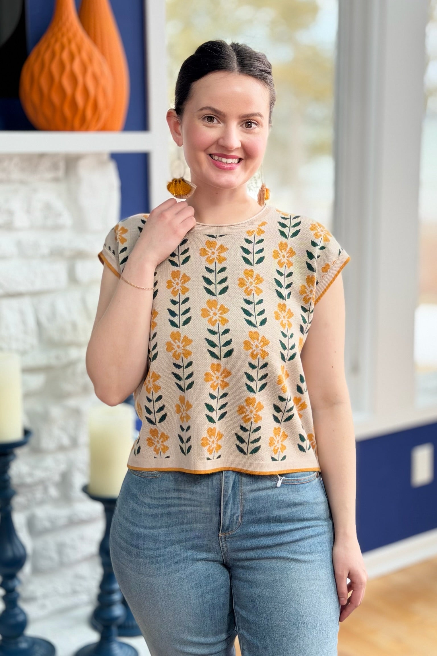 Retro Floral Knit Top - Apricot