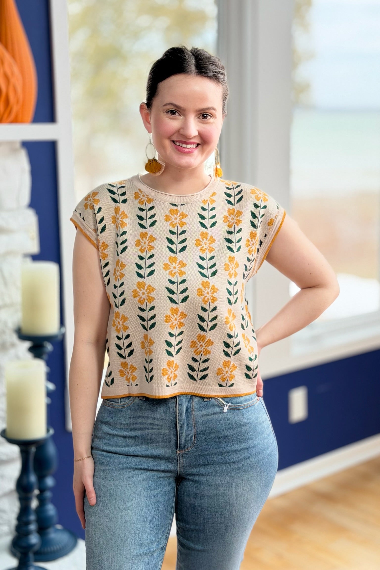 Retro Floral Knit Top - Apricot