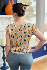 Retro Floral Knit Top - Apricot