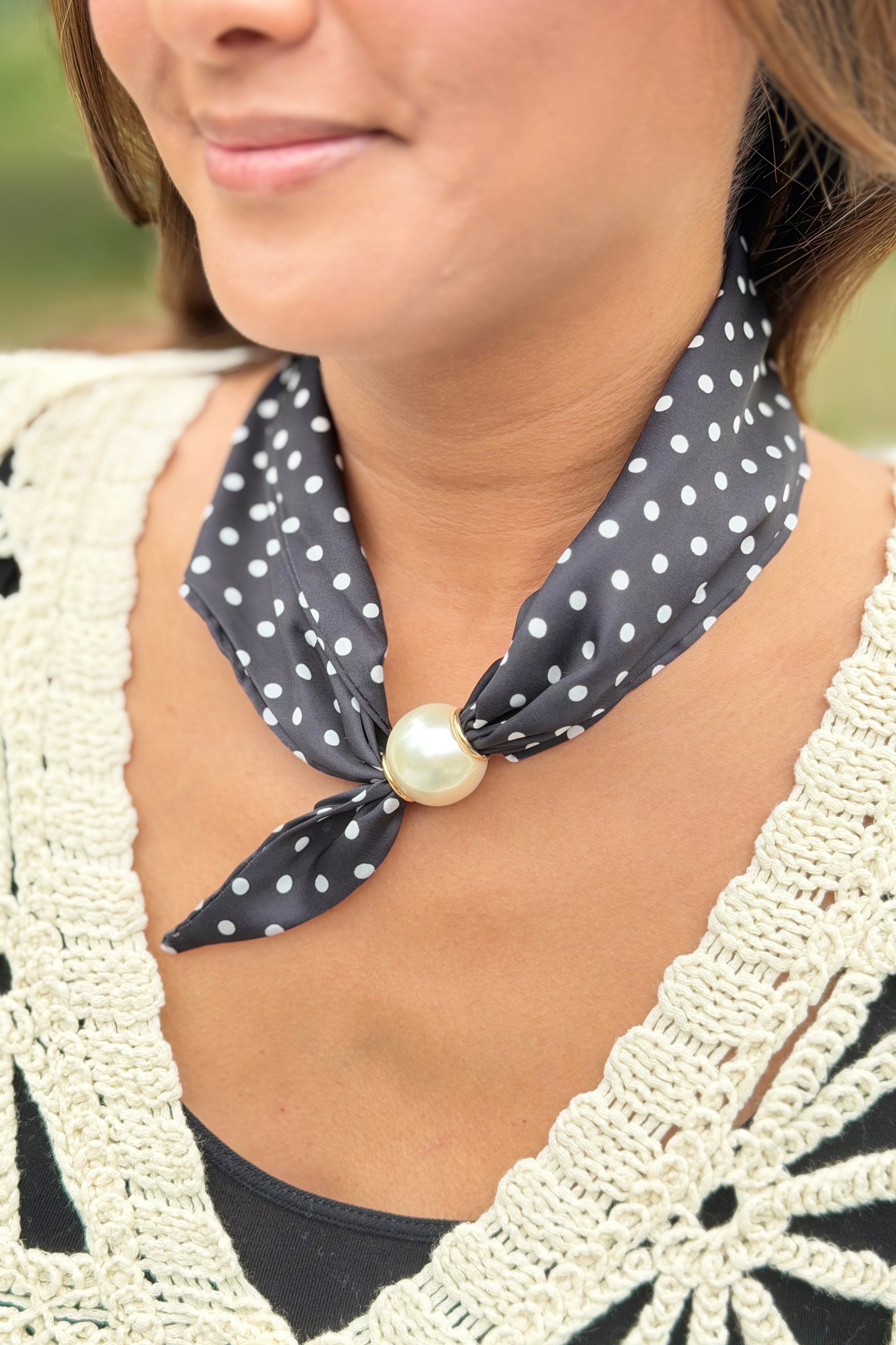 Pearl Polkadot Scarf Necklace - Black