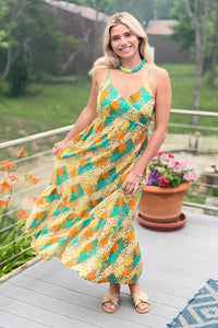 Boho Ruffled Floral Maxi Dress - Green