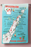 This 16”x24” dish towel features a map of the Door County Peninsula on a blue background.