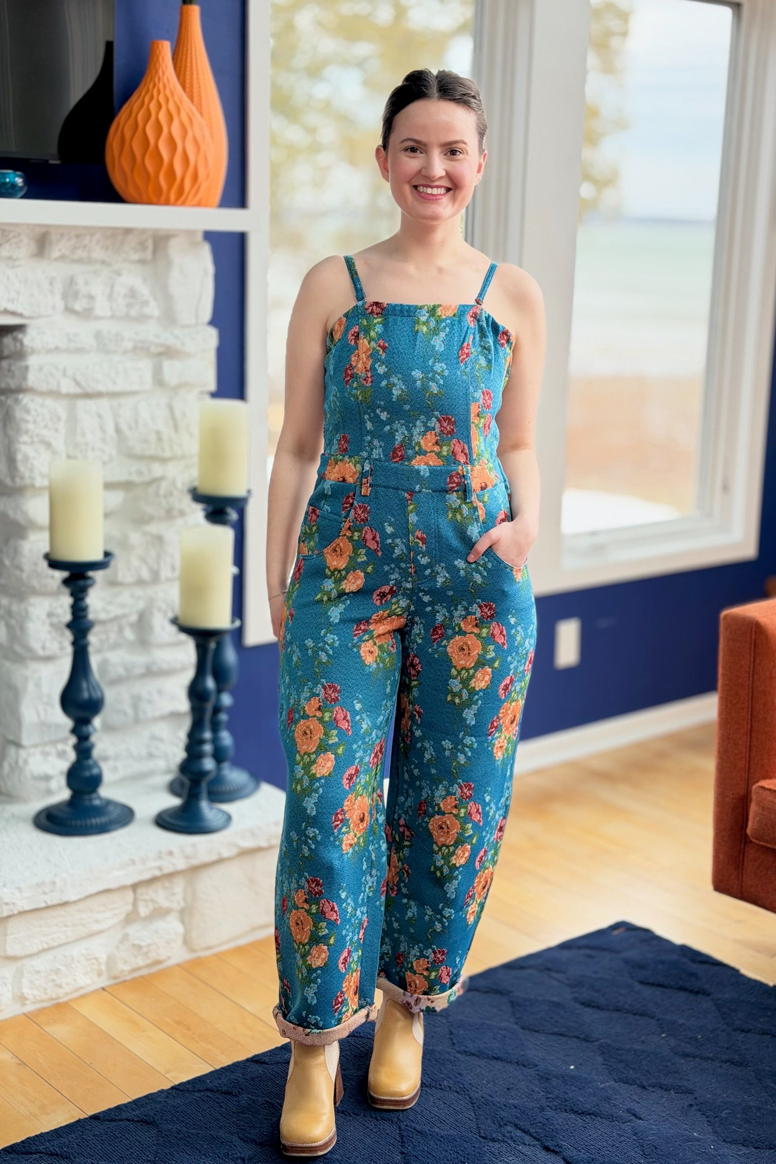 Floral Spaghetti Straps Jumpsuit - Blue