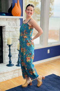 Floral Spaghetti Straps Jumpsuit - Blue