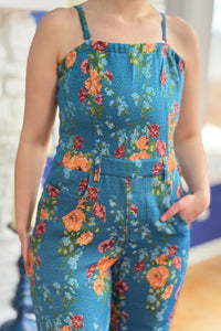 Floral Spaghetti Straps Jumpsuit - Blue