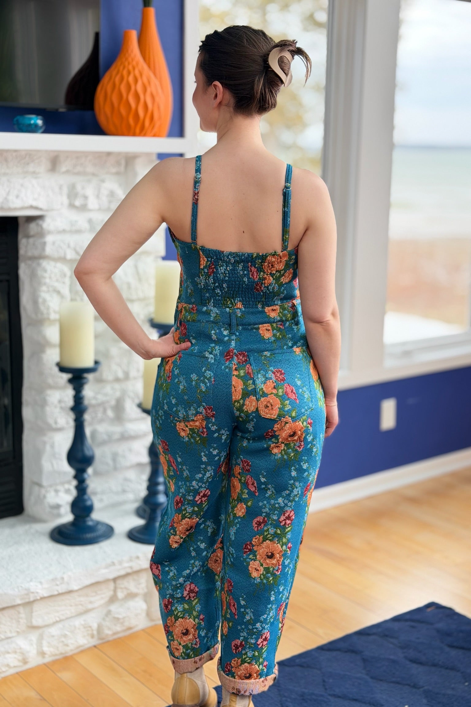 Floral Spaghetti Straps Jumpsuit - Blue