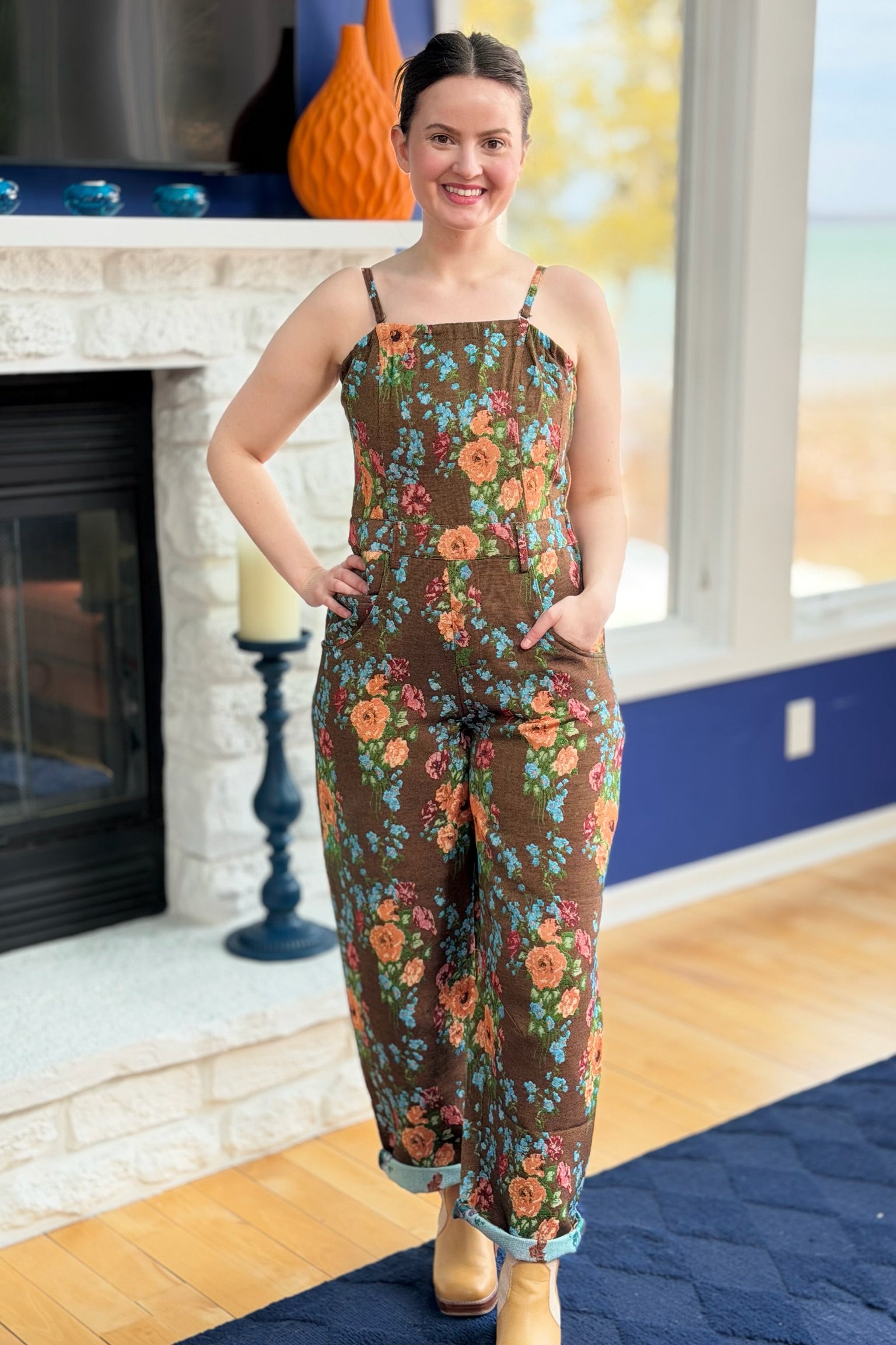 Floral Spaghetti Straps Jumpsuit - Brown