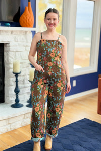 Floral Spaghetti Straps Jumpsuit - Brown