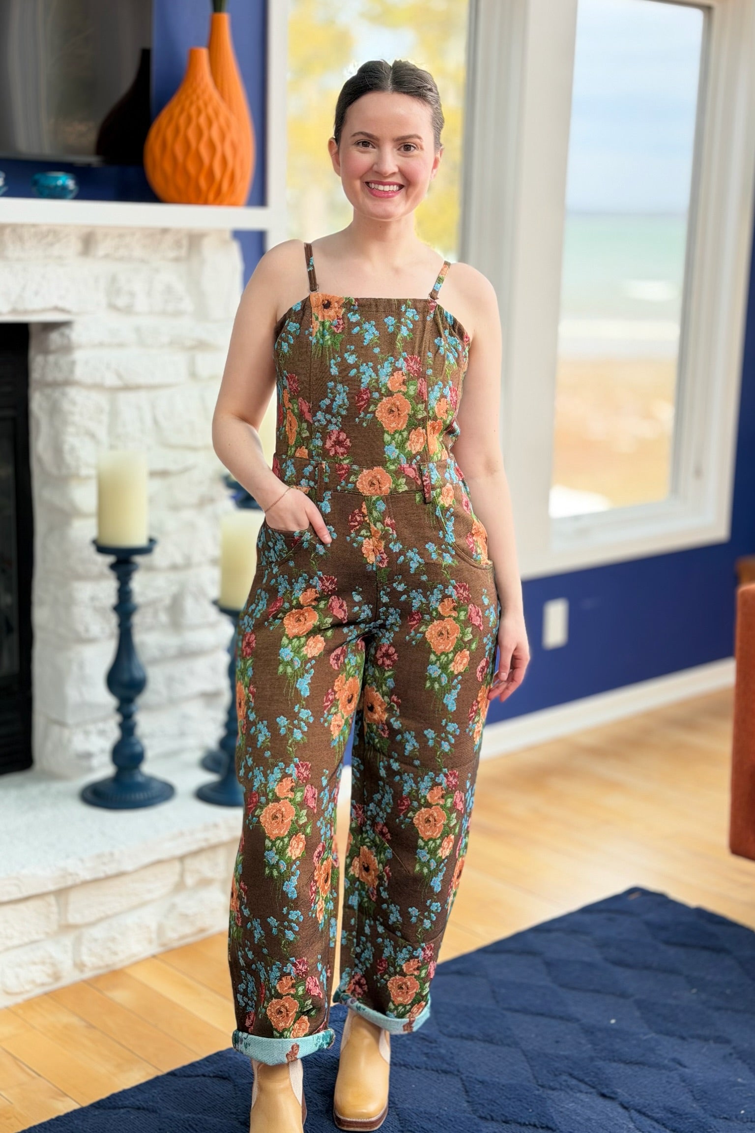 Floral Spaghetti Straps Jumpsuit - Brown