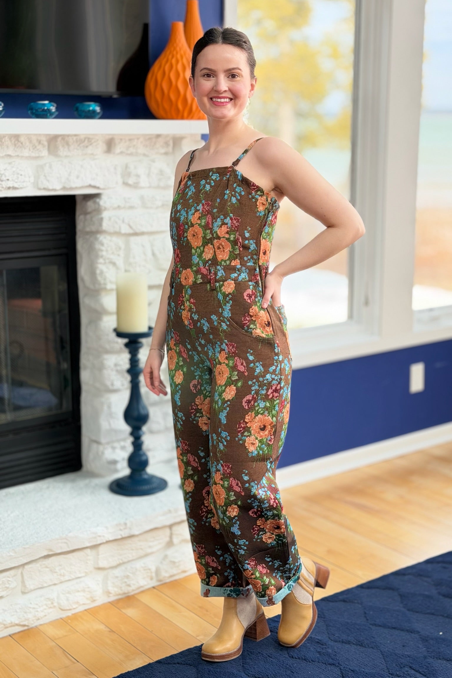 Floral Spaghetti Straps Jumpsuit - Brown