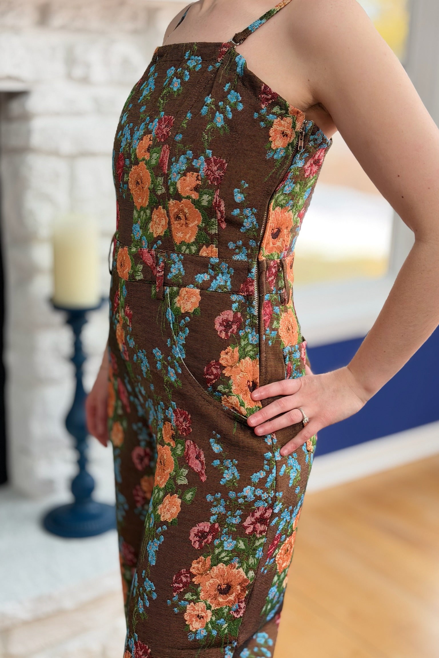 Floral Spaghetti Straps Jumpsuit - Brown