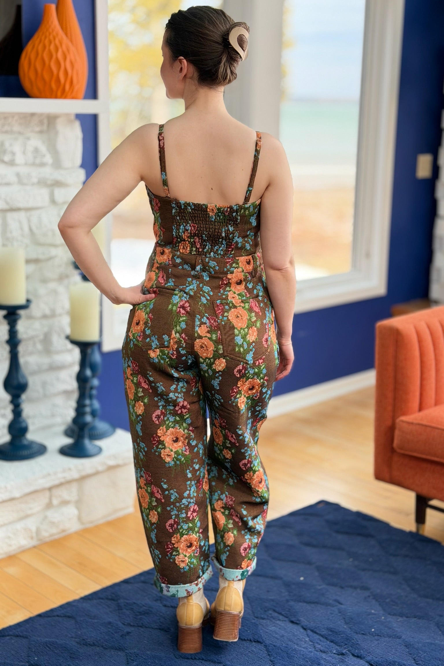 Floral Spaghetti Straps Jumpsuit - Brown