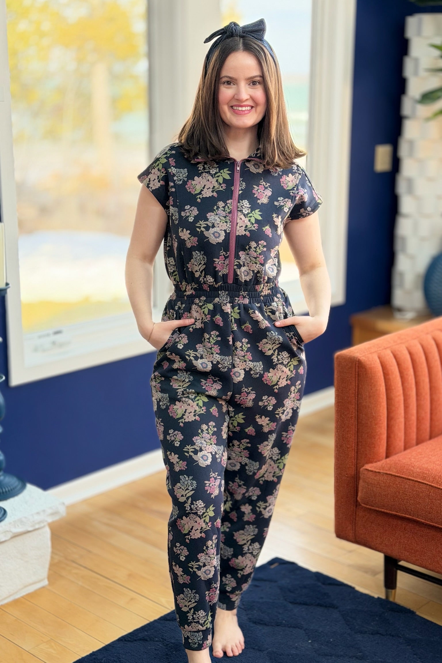 Printed Scuba Zipper Front Jumpsuit - Navy