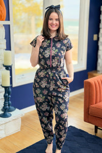 Printed Scuba Zipper Front Jumpsuit - Navy