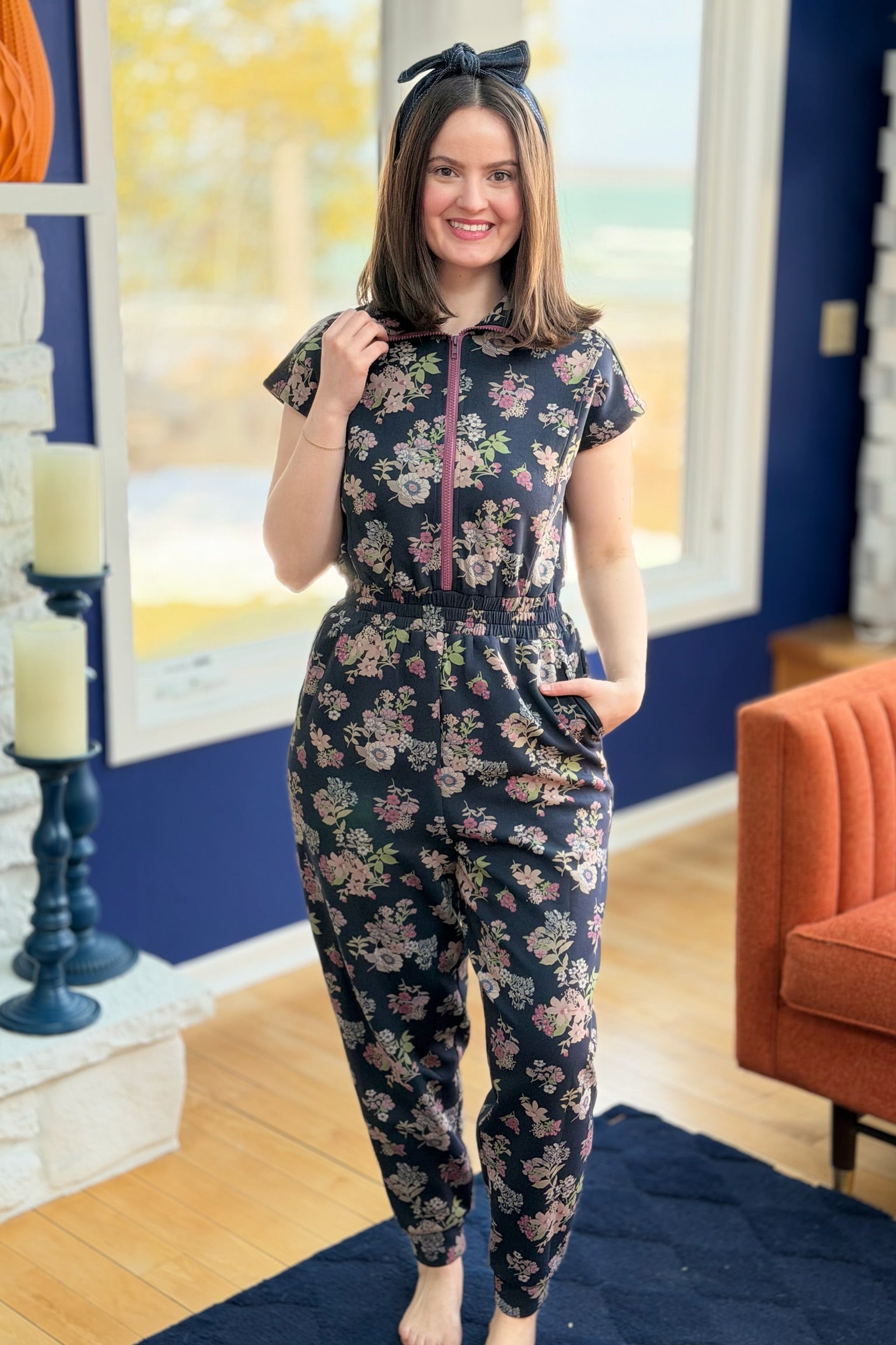 Printed Scuba Zipper Front Jumpsuit - Navy