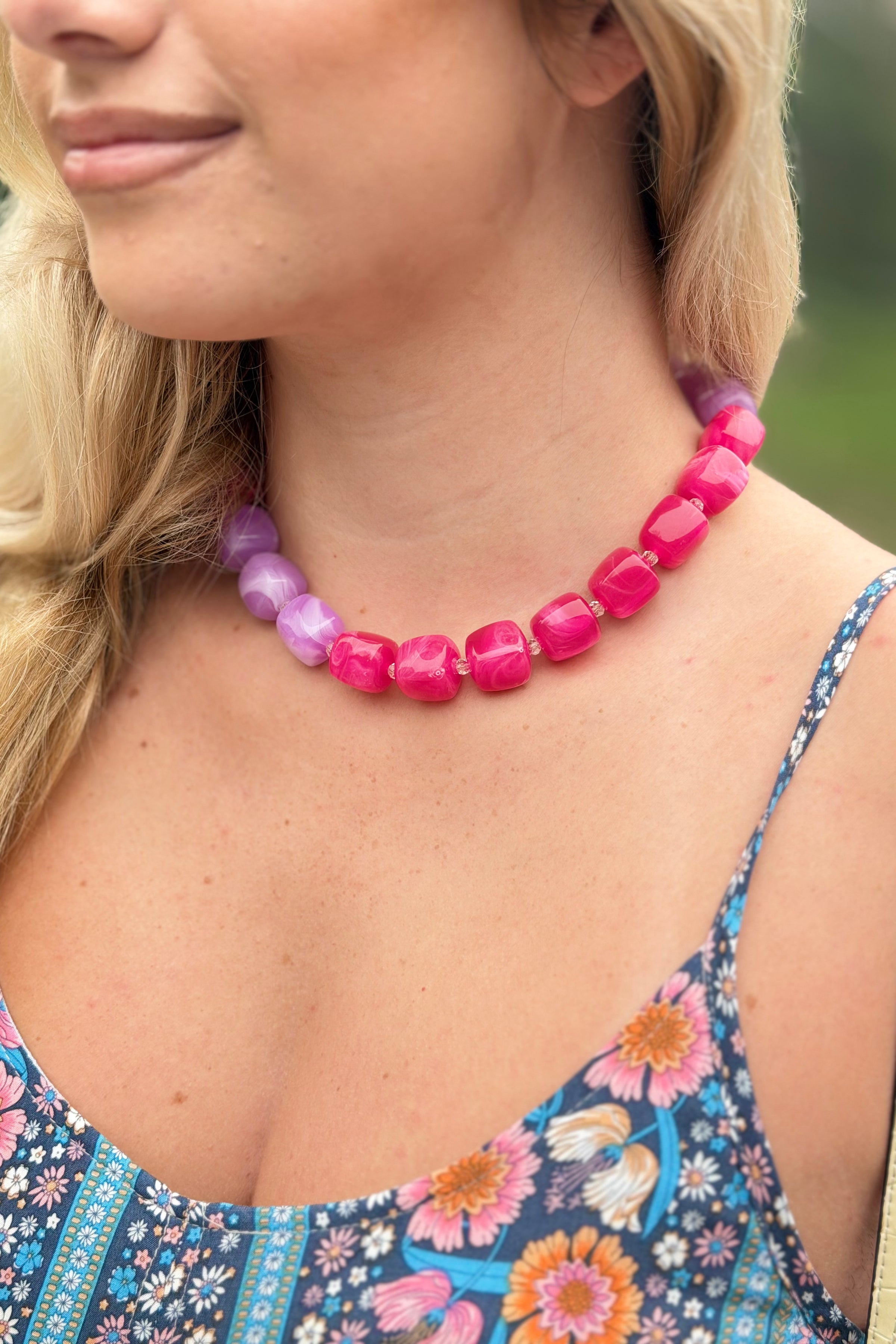 Color Block Bead Necklace - Fuchisa/Purple