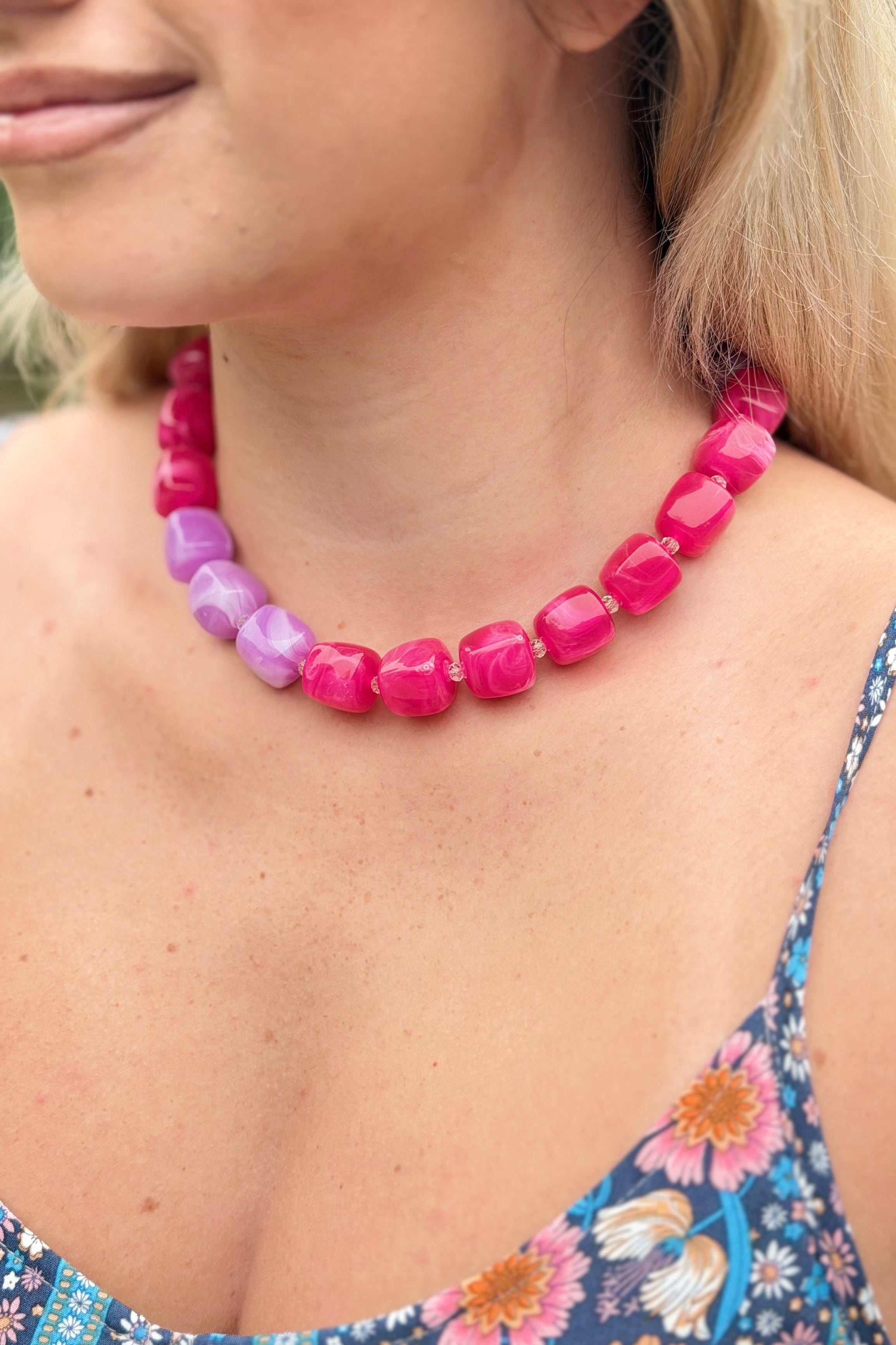 Color Block Bead Necklace - Fuchisa/Purple