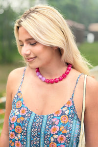 Color Block Bead Necklace - Fuchisa/Purple