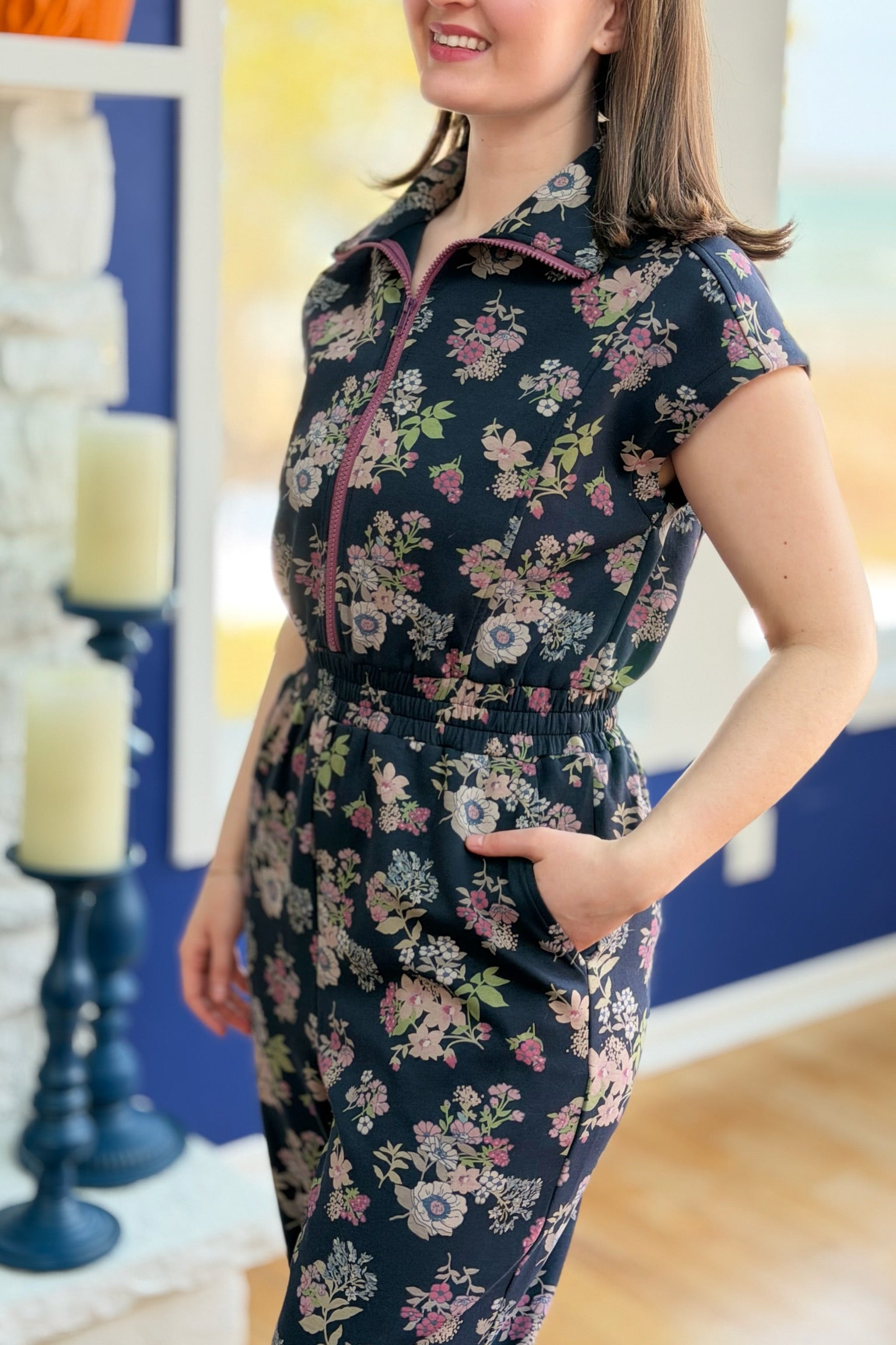 Printed Scuba Zipper Front Jumpsuit - Navy