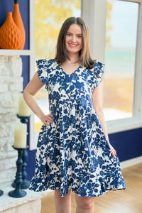 V-Neck Ruffle Sleeve Floral Dress - Blue