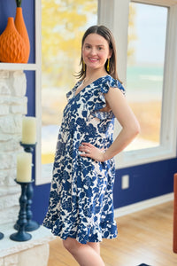 V-Neck Ruffle Sleeve Floral Dress - Blue