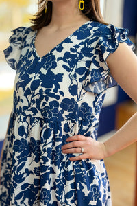 V-Neck Ruffle Sleeve Floral Dress - Blue