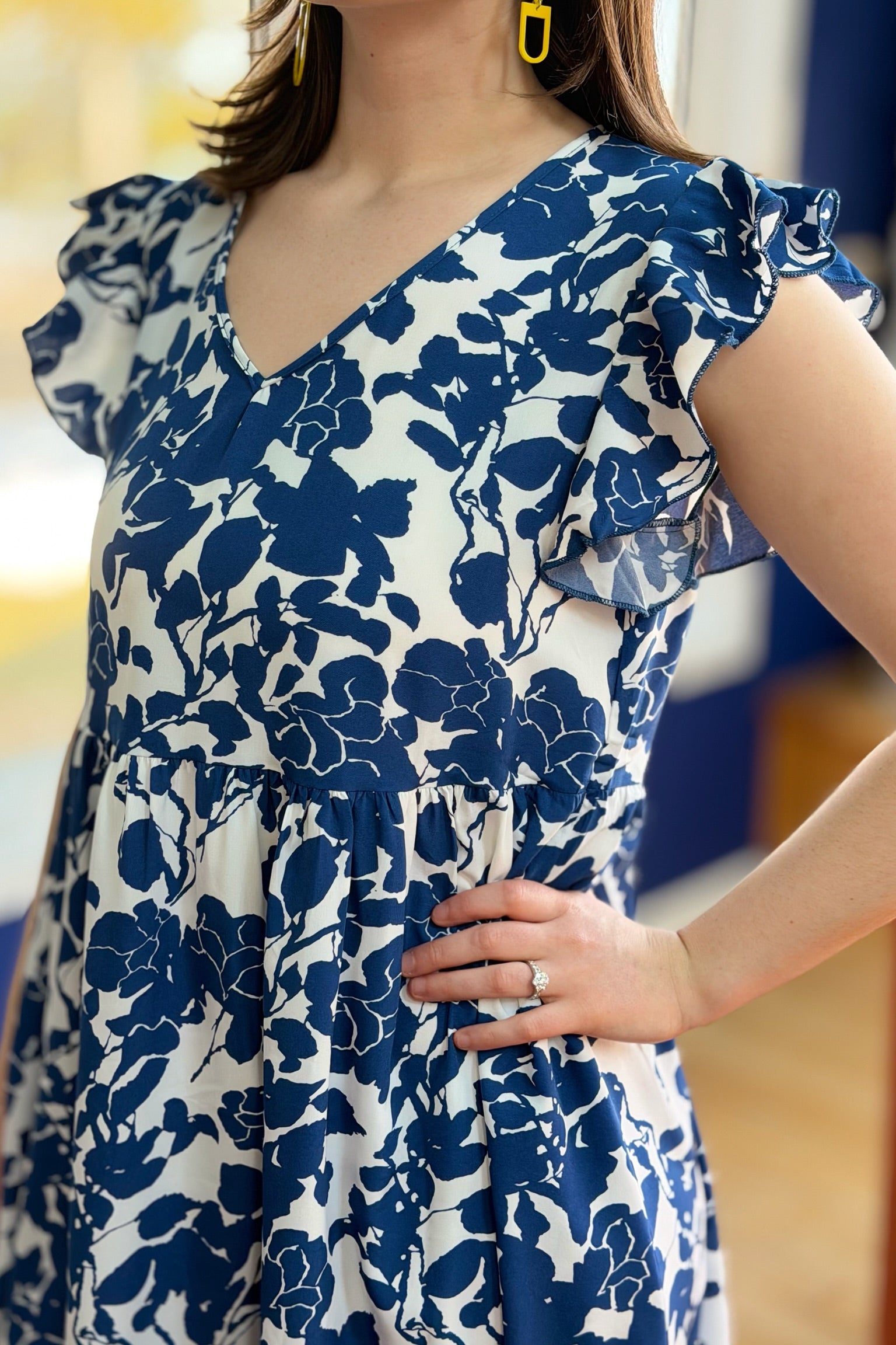 V-Neck Ruffle Sleeve Floral Dress - Blue