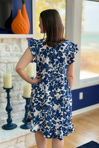 V-Neck Ruffle Sleeve Floral Dress - Blue