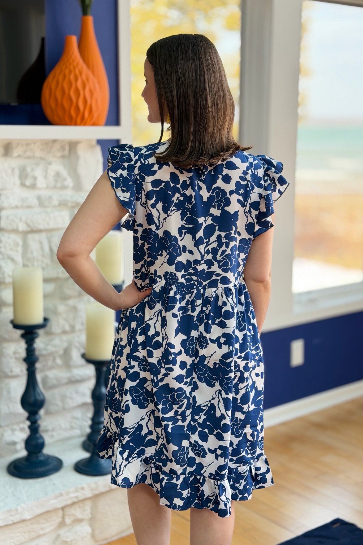 V-Neck Ruffle Sleeve Floral Dress - Blue