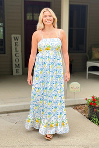 Border Print Maxi Dress - Lemon Blue