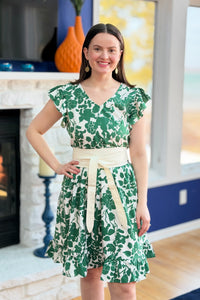 V-Neck Ruffle Sleeve Floral Dress - Green