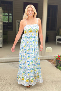 Border Print Maxi Dress - Lemon Blue