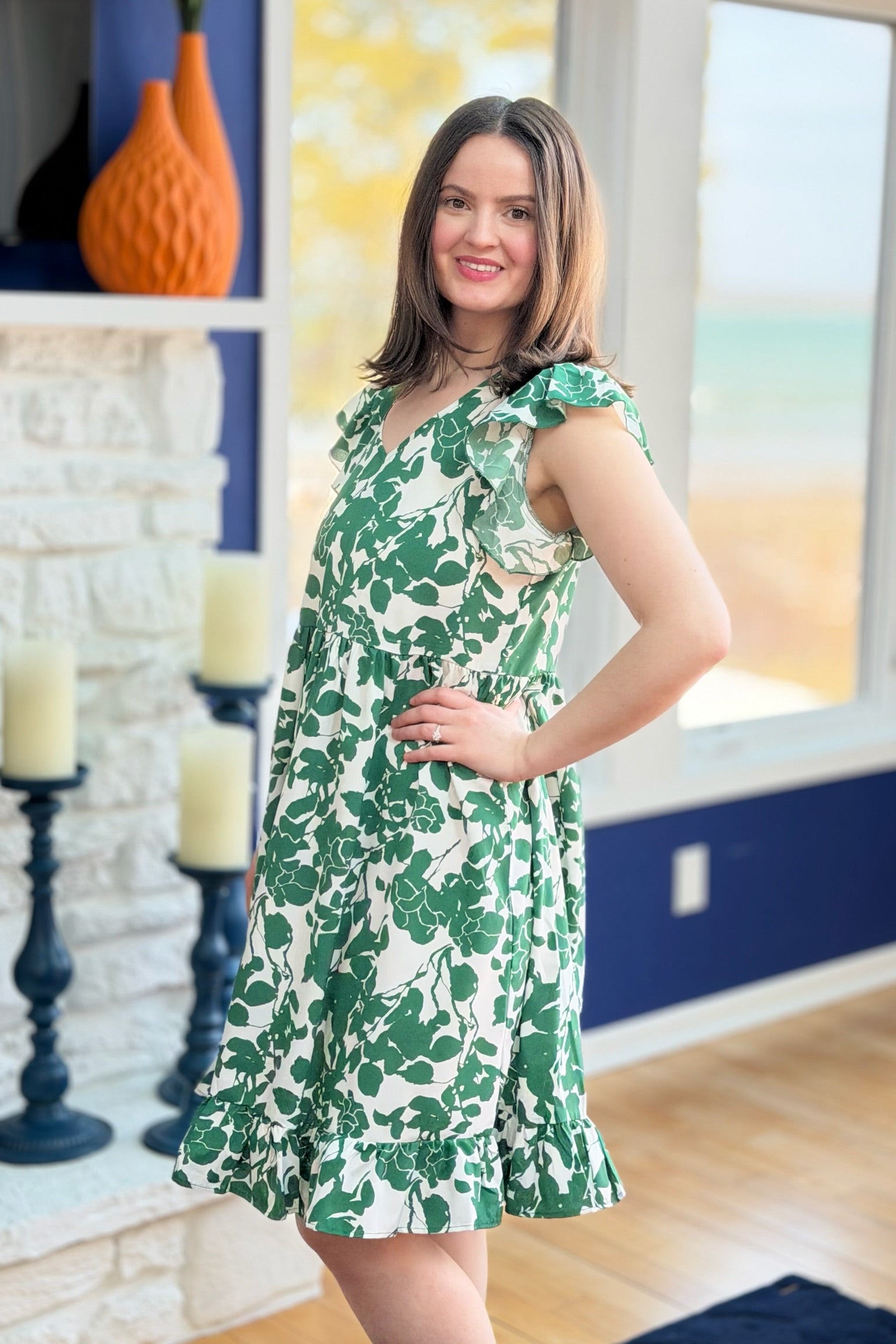 V-Neck Ruffle Sleeve Floral Dress - Green