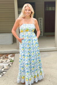 Border Print Maxi Dress - Lemon Blue