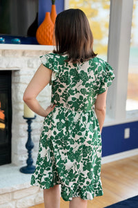 V-Neck Ruffle Sleeve Floral Dress - Green