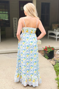 Border Print Maxi Dress - Lemon Blue